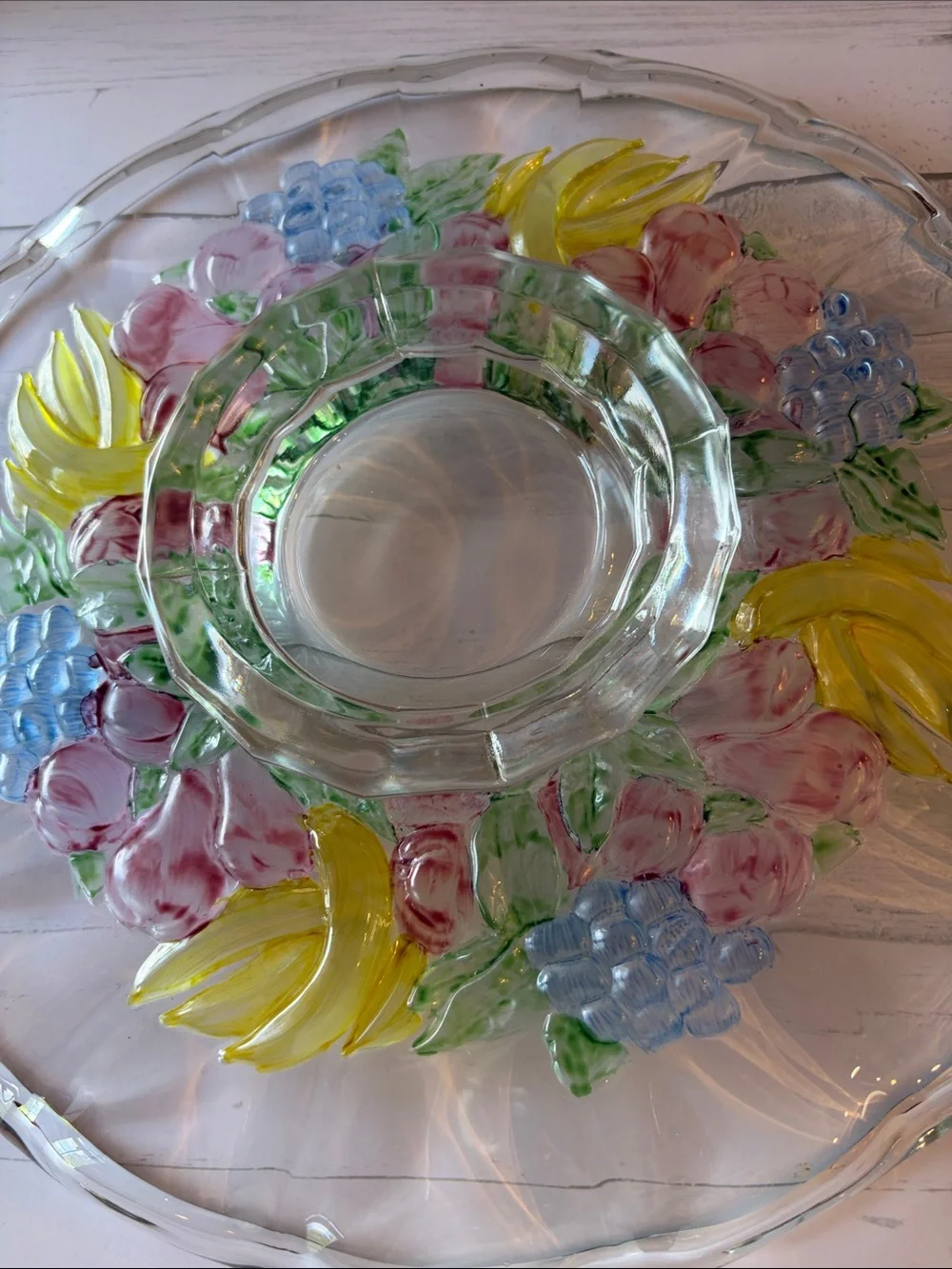 Hand-Painted Glass Serving Bowl with Floral Fruit Motif